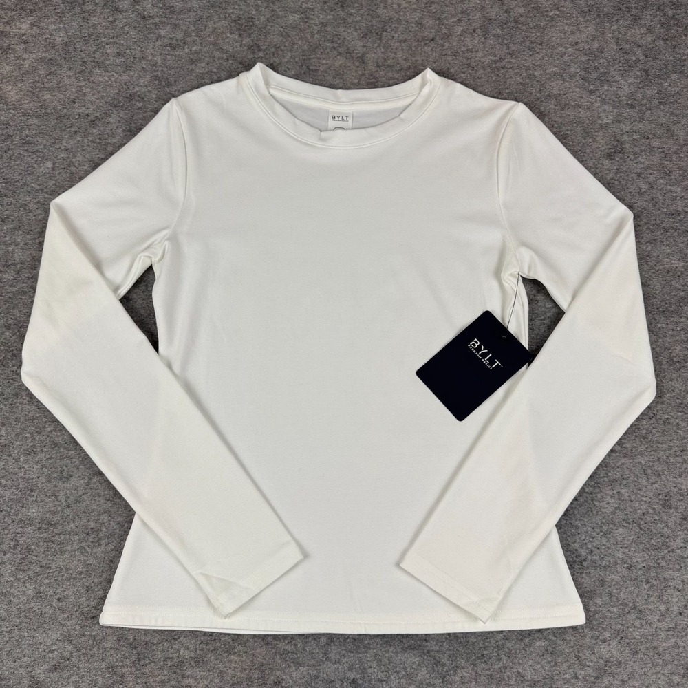 BYLT Premium Basics Drift Long Sleeve Shirt Fitted White Womens Small S *